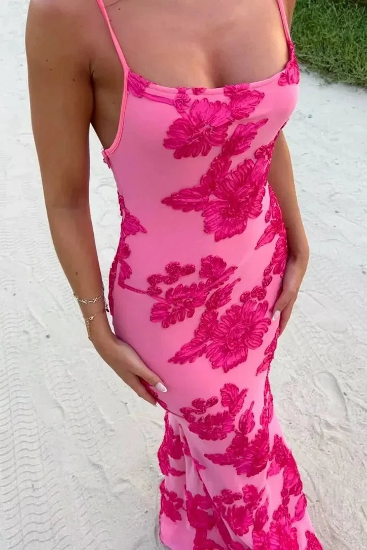 Hot Pink Women's Floral Wedding Guest Midi Dress — Heidi Tie Strap Embroidered - Close Up Neckline