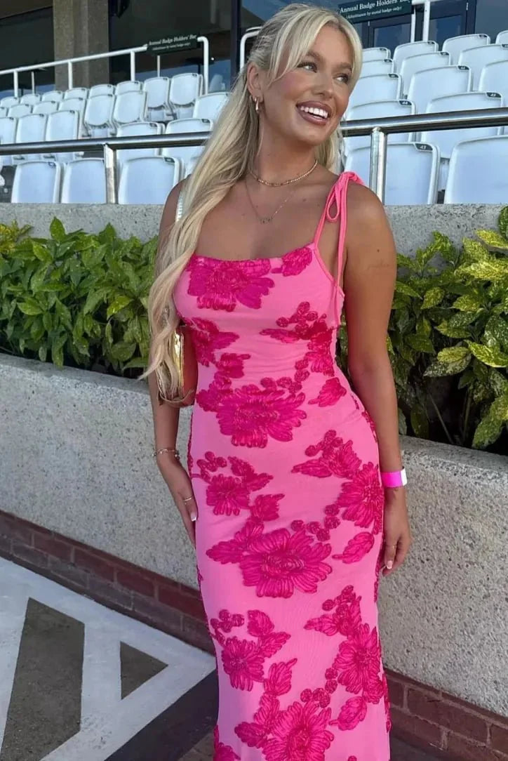 Hot Pink Women's Floral Wedding Guest Midi Dress — Heidi Tie Strap Embroidered - Stadium Pose