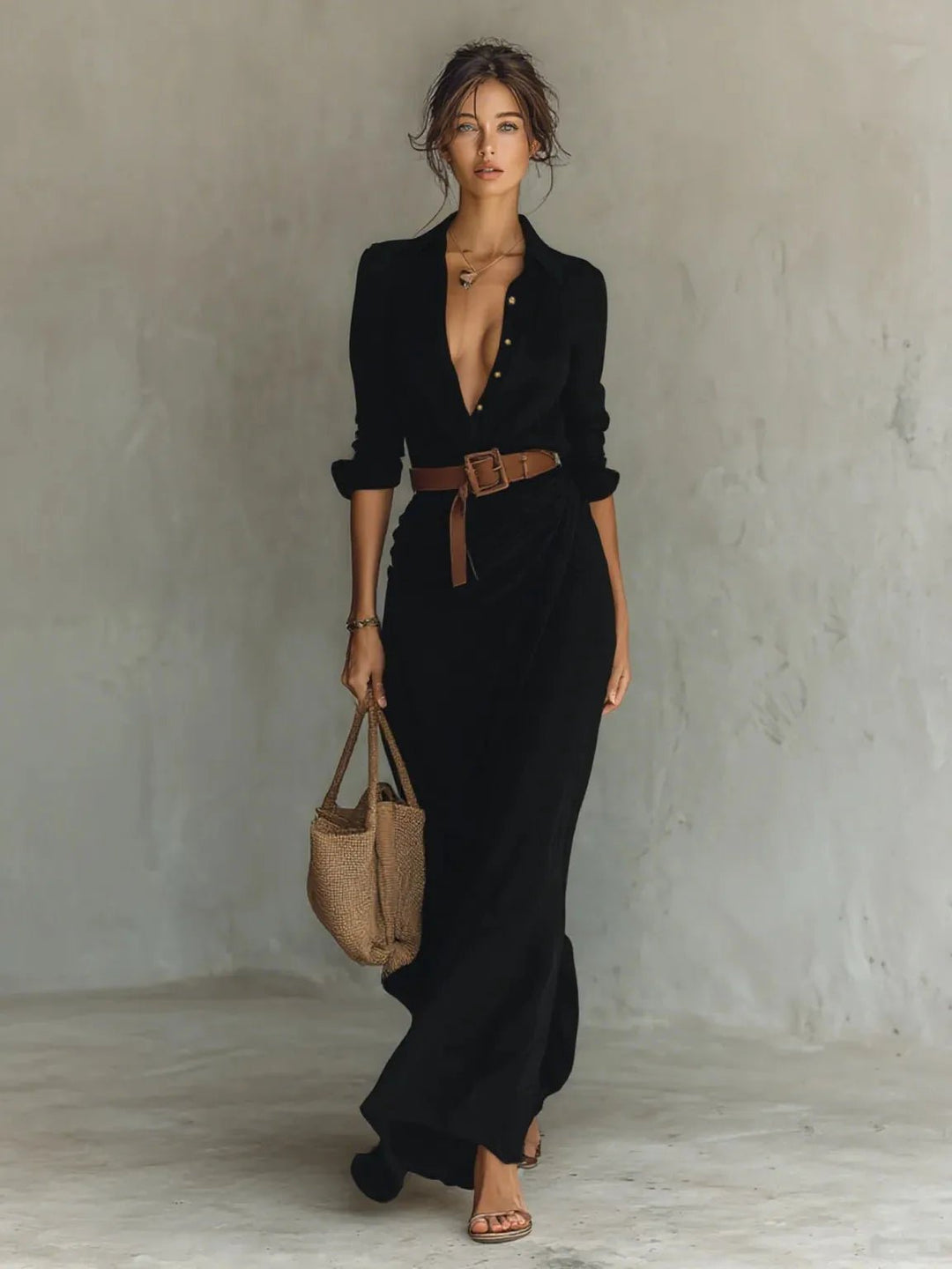 Willow | Elegant White Long Sleeve Belted Maxi Dress - Black - 4