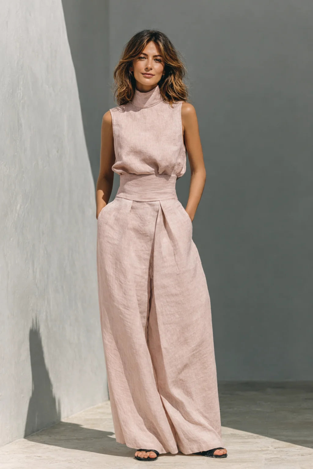 Light Pink Women's Wide-Leg Linen Pants Set — Nala Sleeveless High-Neck Pleated - Front Pose