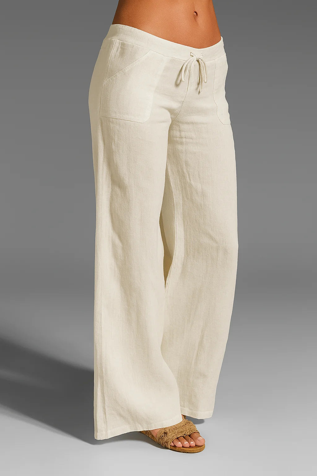Cream Women's Wide-Leg Linen Pants — Paige Drawstring Breathable Relaxed - Side Detail