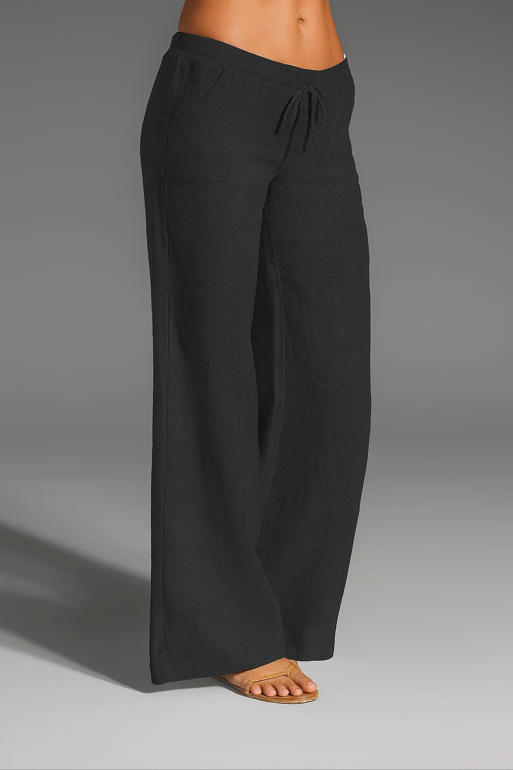 Gray Women's Wide-Leg Linen Pants — Paige Drawstring Breathable Relaxed - Three Quarter View