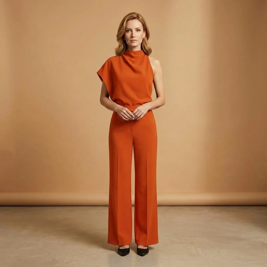 Orange Women's Wide-Leg Jumpsuit — Scarlett Mock Neck Asymmetric Draped - Front View