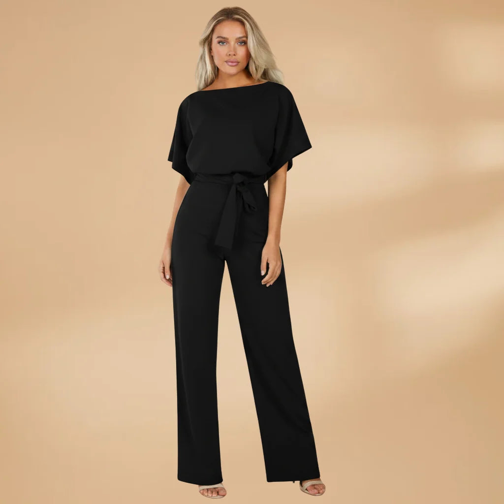 Black Women's Wide-Leg Jumpsuit — Cora Tie Belt Boat Neck Flutter Sleeve - Front Full