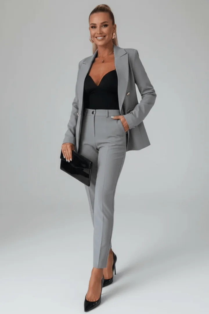 Gray Women's Two Piece Suit — Kira Double-Breasted Professional Blazer - Front Elegant