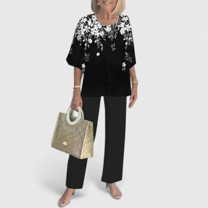 Black Women's Two Piece Overlay Set — Romy Chiffon Top Palazzo - Contrast Floral