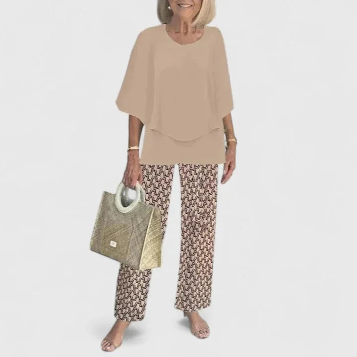Cream Women's Two Piece Overlay Set — Romy Chiffon Top Palazzo - Geometric Print
