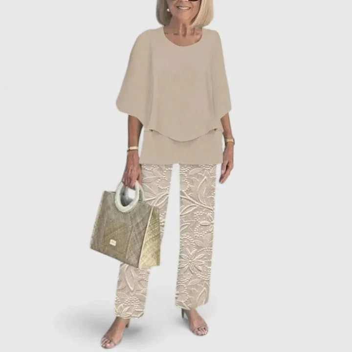 Cream Women's Two Piece Overlay Set — Romy Chiffon Top Palazzo - Model Pose