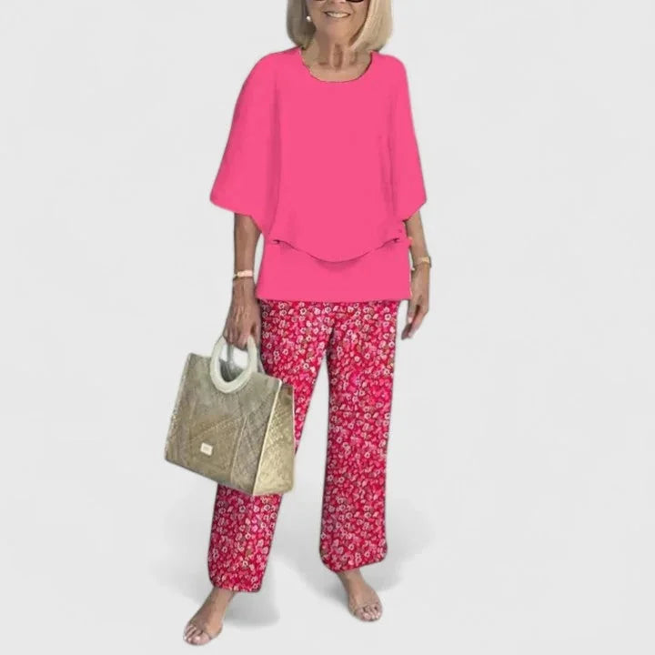 Hot Pink Women's Two Piece Overlay Set — Romy Chiffon Top Palazzo - Front Bright