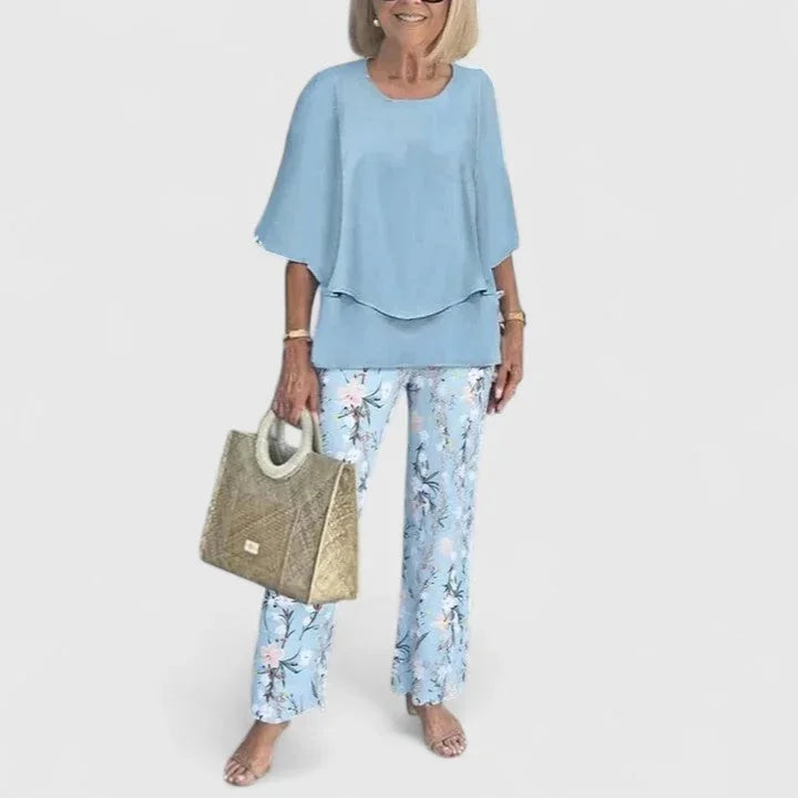 Light Blue Women's Two Piece Overlay Set — Romy Chiffon Top Palazzo - Styled Look