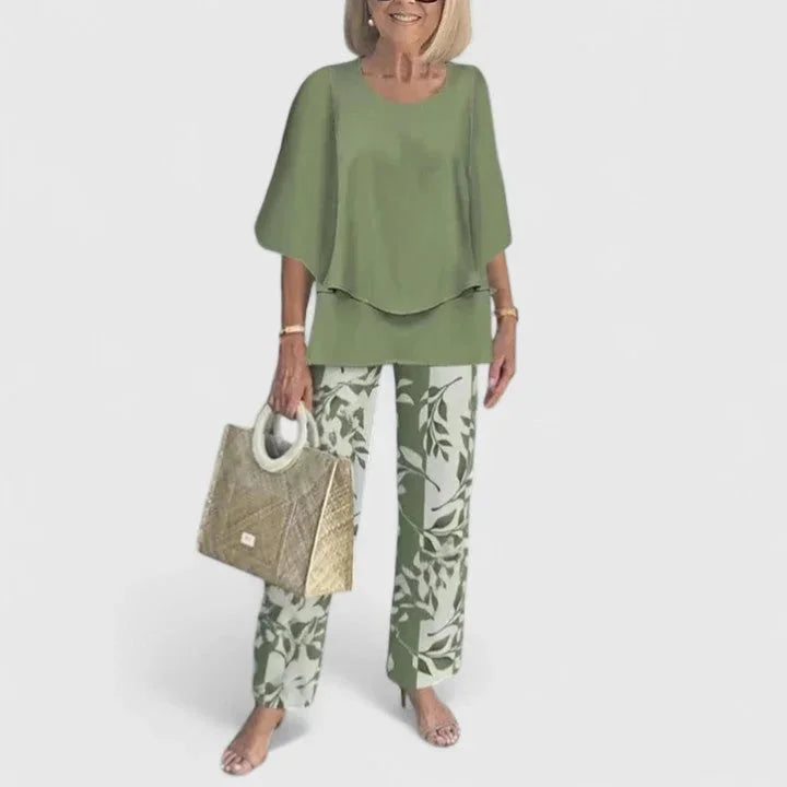 Light Green Women's Two Piece Overlay Set — Romy Chiffon Top Palazzo - Front Pose