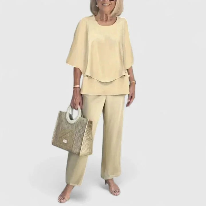 Yellow Women's Two Piece Overlay Set — Romy Chiffon Top Palazzo - Standing Pose