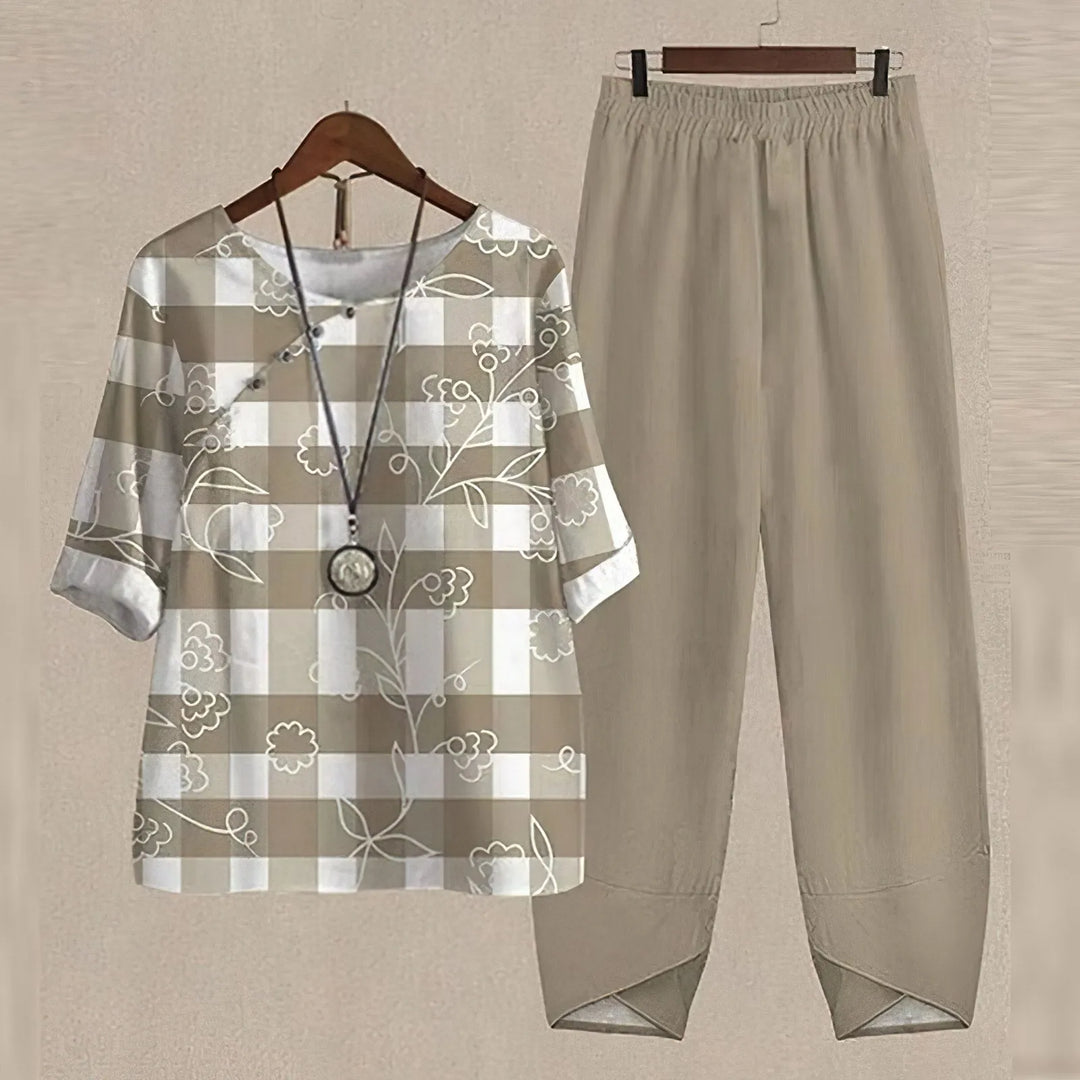 Khaki Women's Two Piece Summer Set — Carolina Butterfly Casual Breathable - Flat Lay
