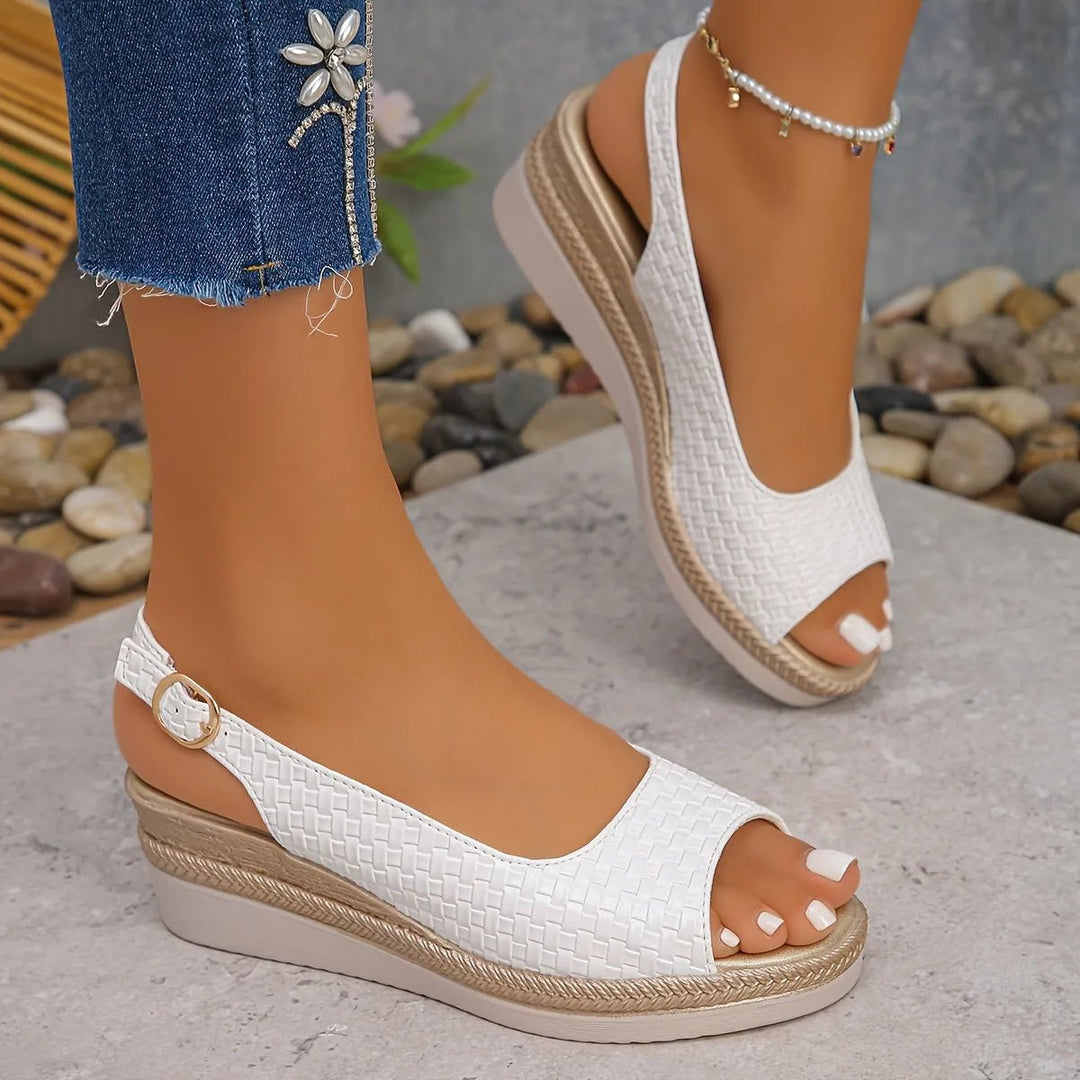 Serena | Chic Woven Slingback White Wedge Sandals - White - 5