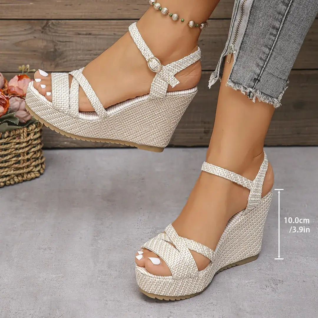 White Women's White Platform Sandals — Blakely Woven Strap Wedge - Heel Detail