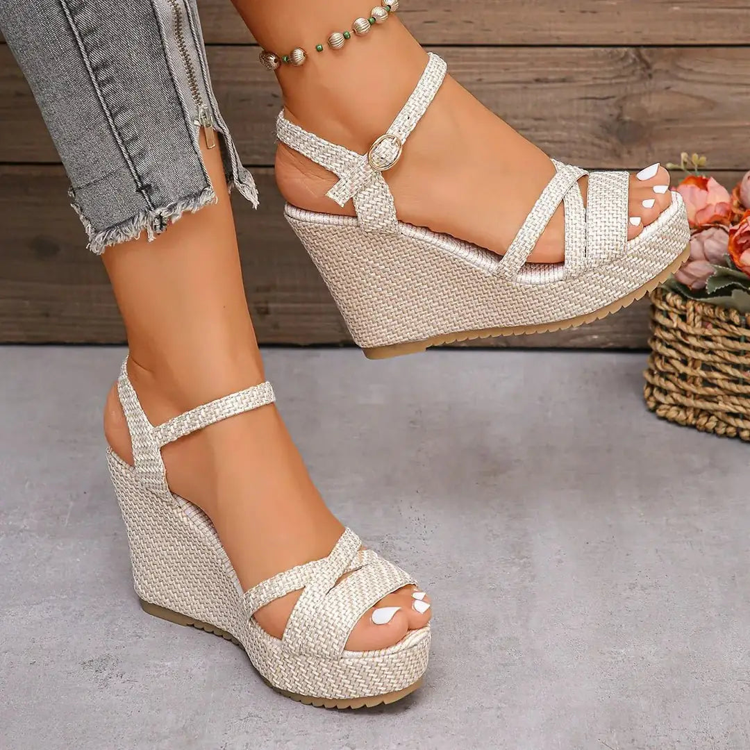 White Women's White Platform Sandals — Blakely Woven Strap Wedge - Side Pose