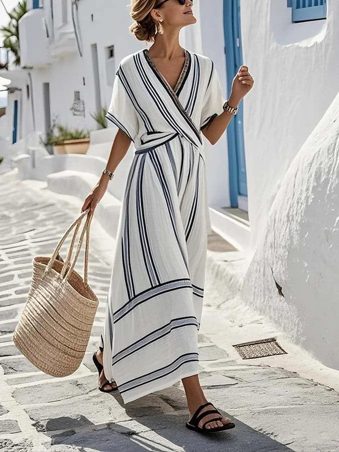 White Women's Striped Twist Front Summer Maxi Dress — Dot Wrap V-Neck - Front Full