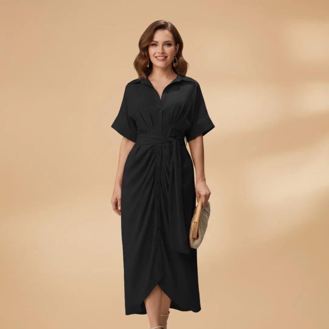 Rhea | Elegant Wrap Midi Dress with Belt - Black - 10
