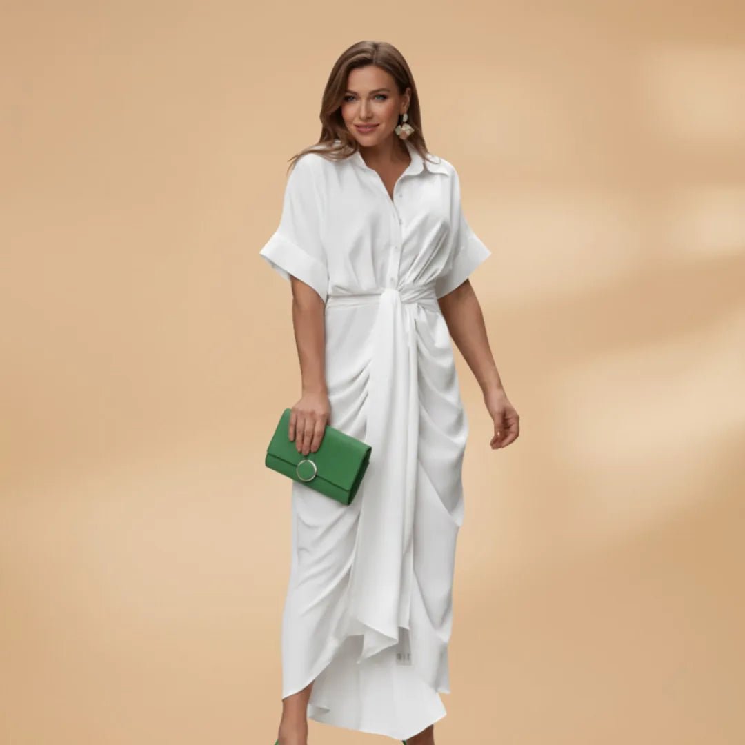 Rhea | Elegant Wrap Midi Dress with Belt - White - 6