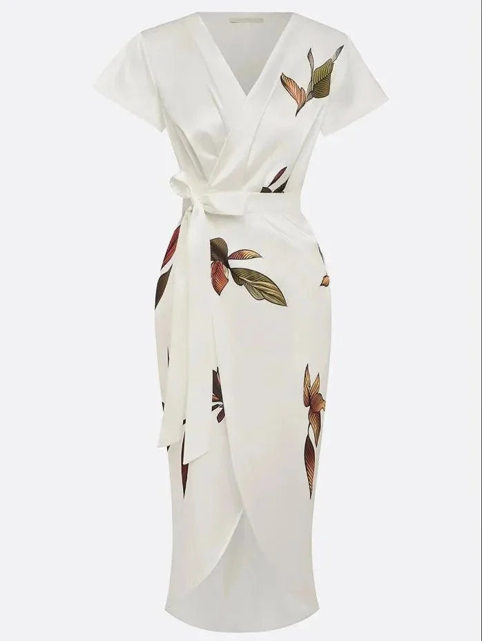 Cream Women's Long Sleeve Wrap Midi Dress — Cherie Floral Tie Waist - Flat Lay