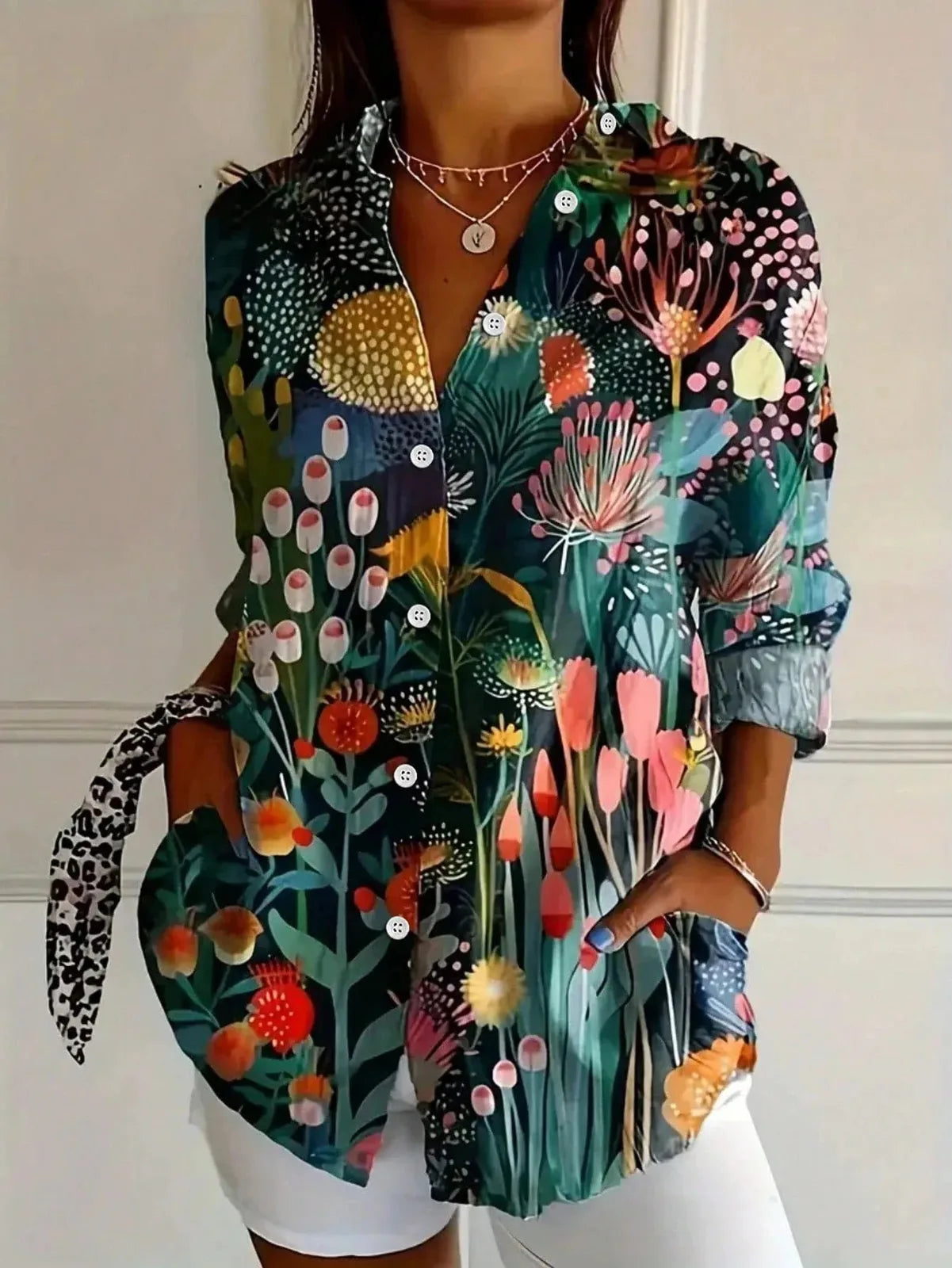 Green Women's Abstract Print Button-Front Blouse — Maeve Long Sleeve Collared - Front Pose