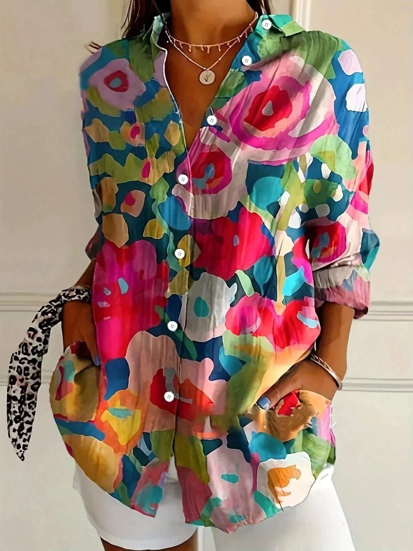 Multicolor Women's Abstract Print Button-Front Blouse — Maeve Long Sleeve Collared - A Front Bright