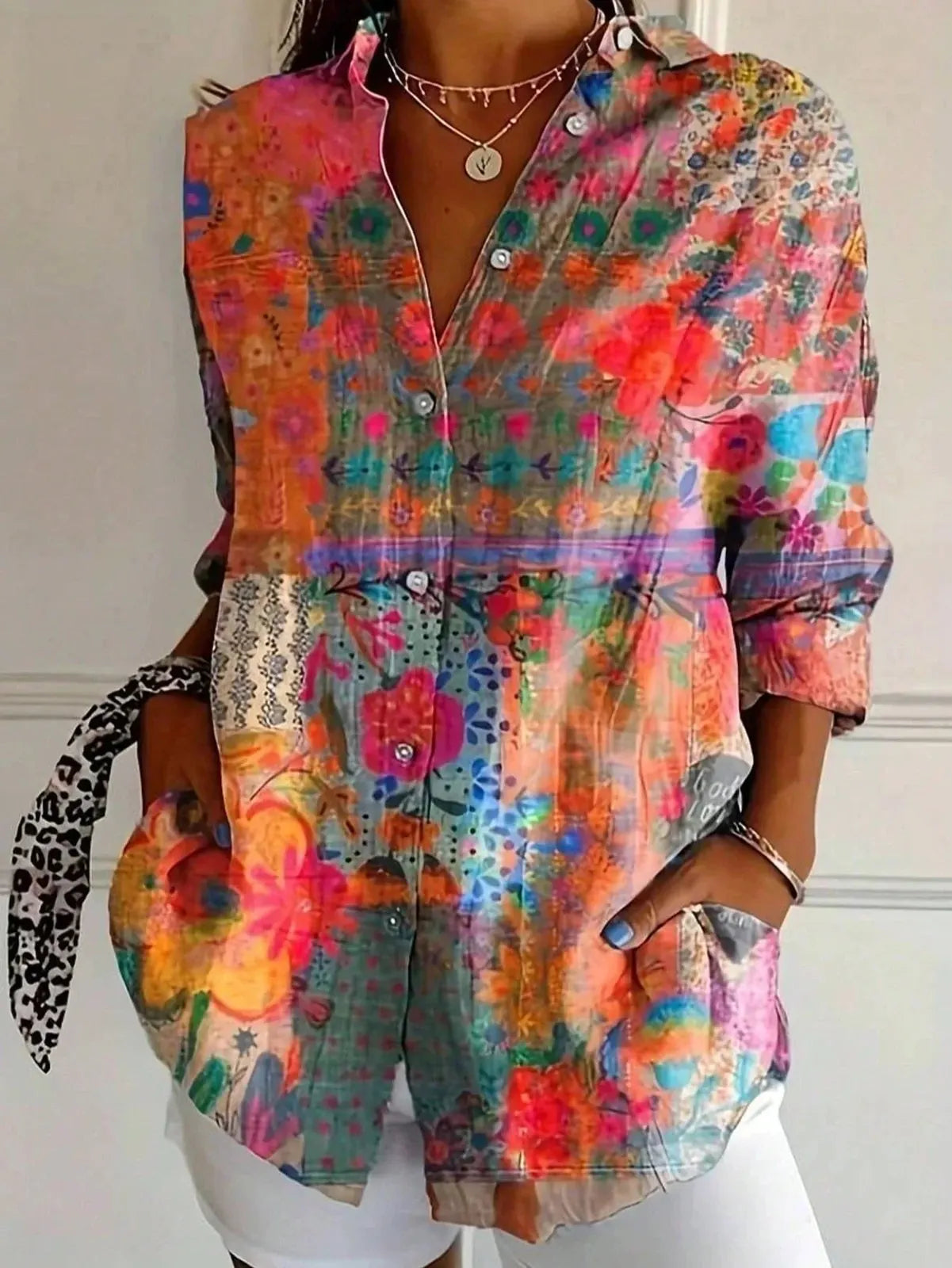 Orange Women's Abstract Print Button-Front Blouse — Maeve Long Sleeve Collared - Front Styled