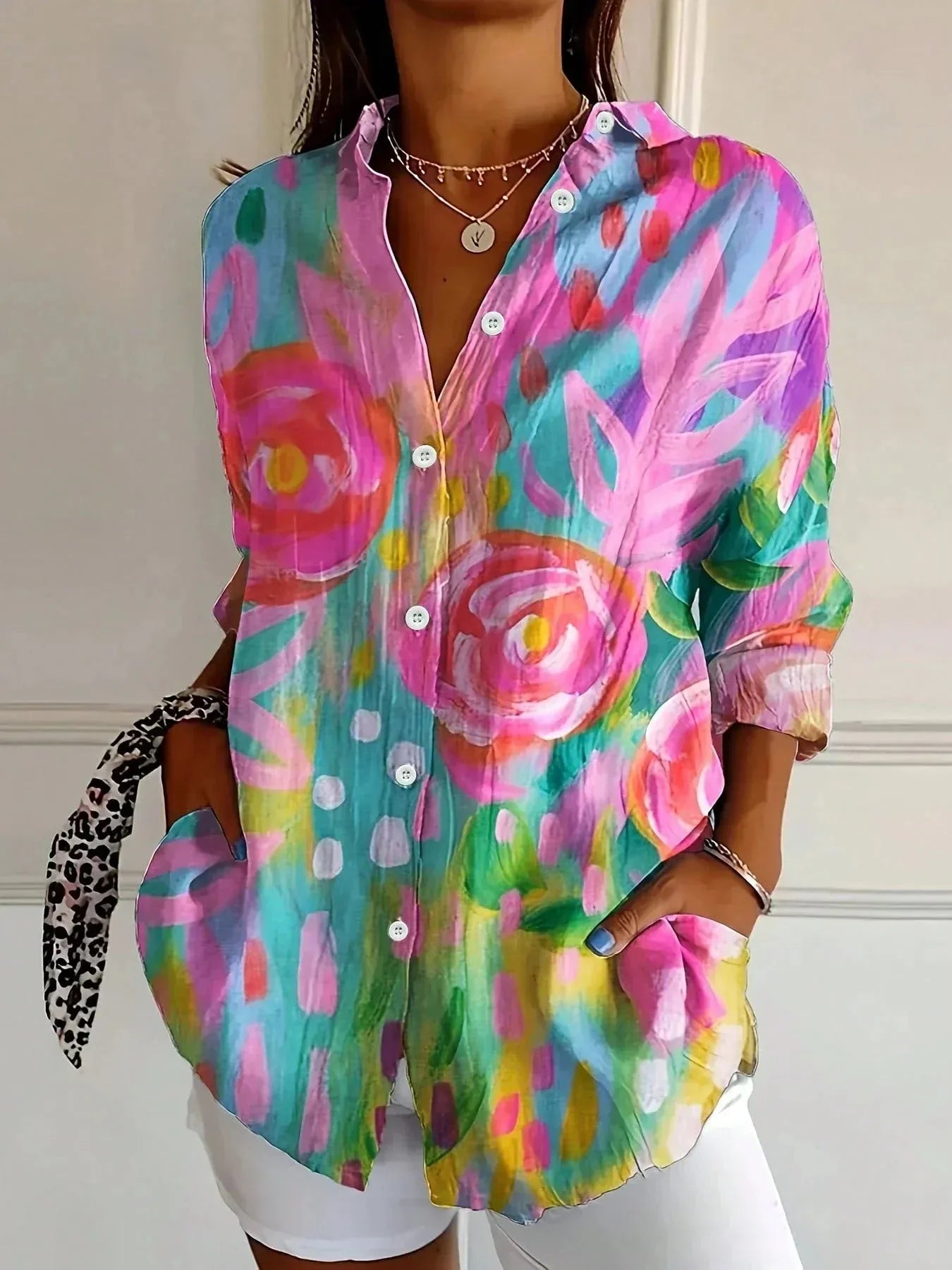 Pink Women's Abstract Print Button-Front Blouse — Maeve Long Sleeve Collared - Front Full