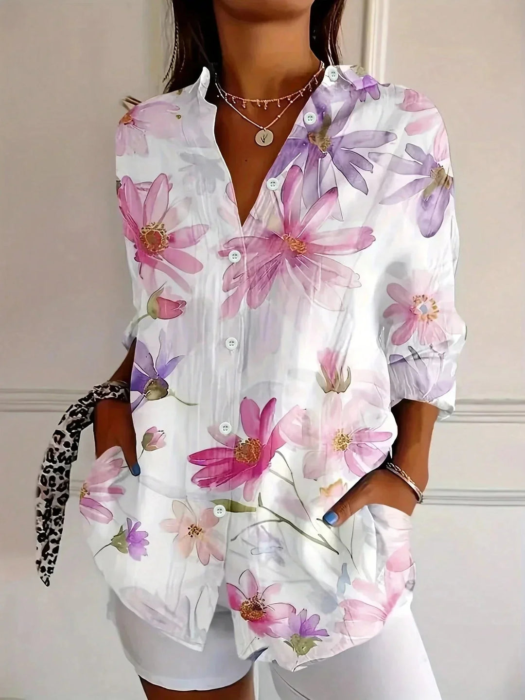 White Women's Abstract Print Button-Front Blouse — Maeve Long Sleeve Collared - Front Casual