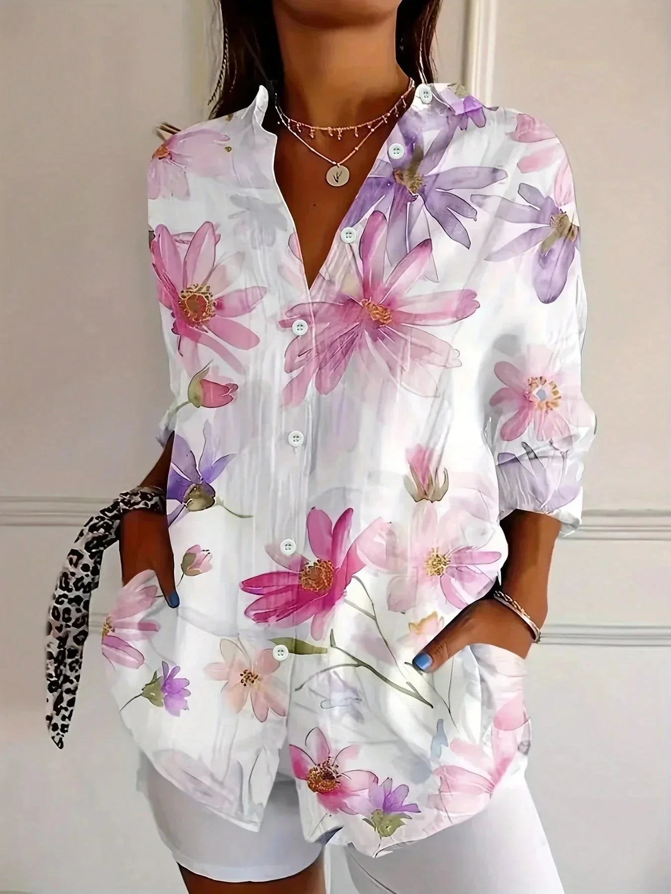 White Women's Abstract Print Button-Front Blouse — Maeve Long Sleeve Collared - Front Casual