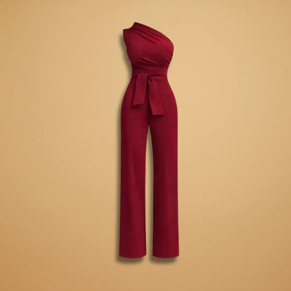 Sophia | One Shoulder Wide Leg Women's Off Shoulder Jumpsuit - Burgundy - 1