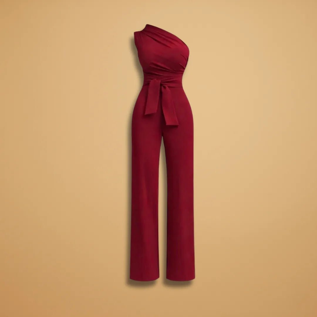 Sophia | One Shoulder Wide Leg Women's Off Shoulder Jumpsuit - Burgundy - 1