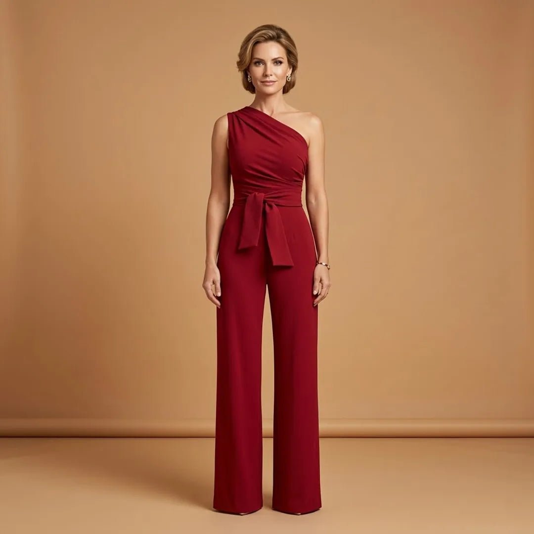Sophia | One Shoulder Wide Leg Women's Off Shoulder Jumpsuit - Burgundy - 2