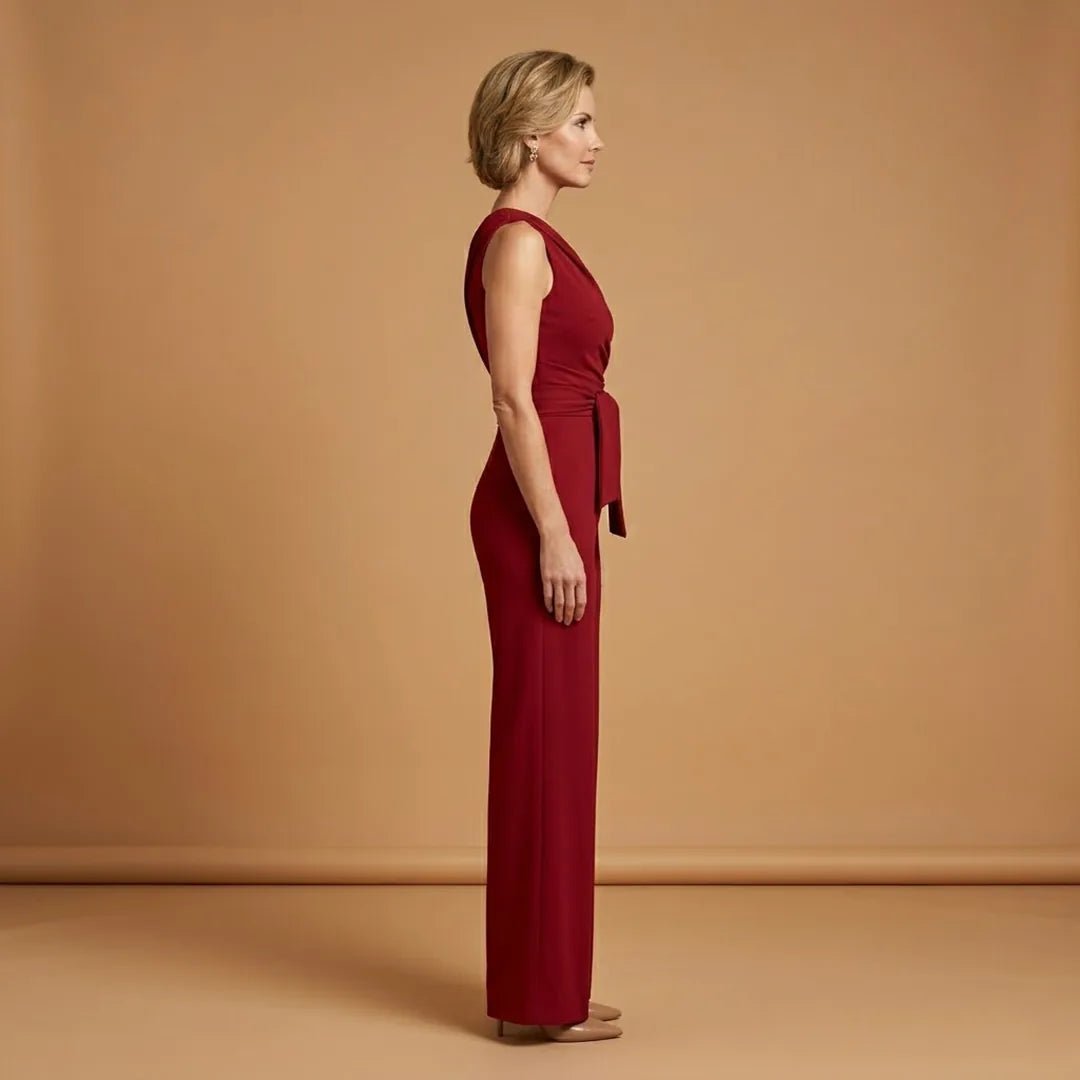 Sophia | One Shoulder Wide Leg Women's Off Shoulder Jumpsuit - Burgundy - 3