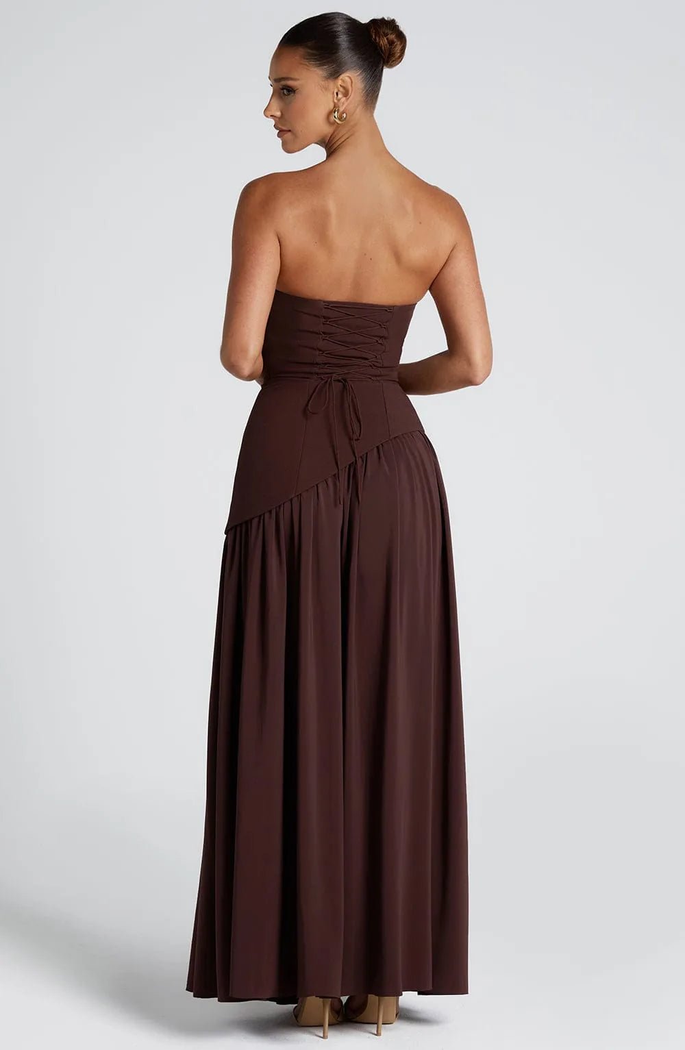 Rosie | Elegant Strapless Maxi Dress With Asymmetrical Detail - Burgundy - 9