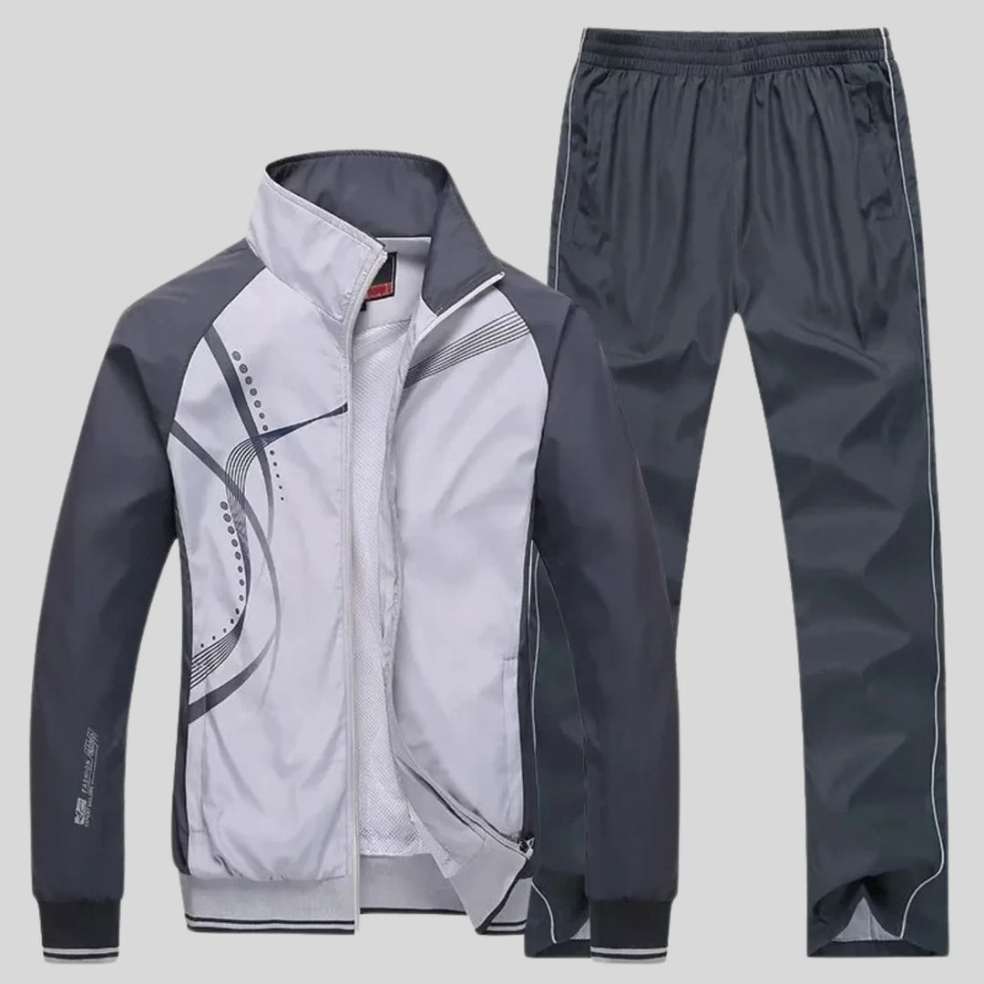 Light Gray Athletic Men's Sweatsuit With Curved Design - Front Detail