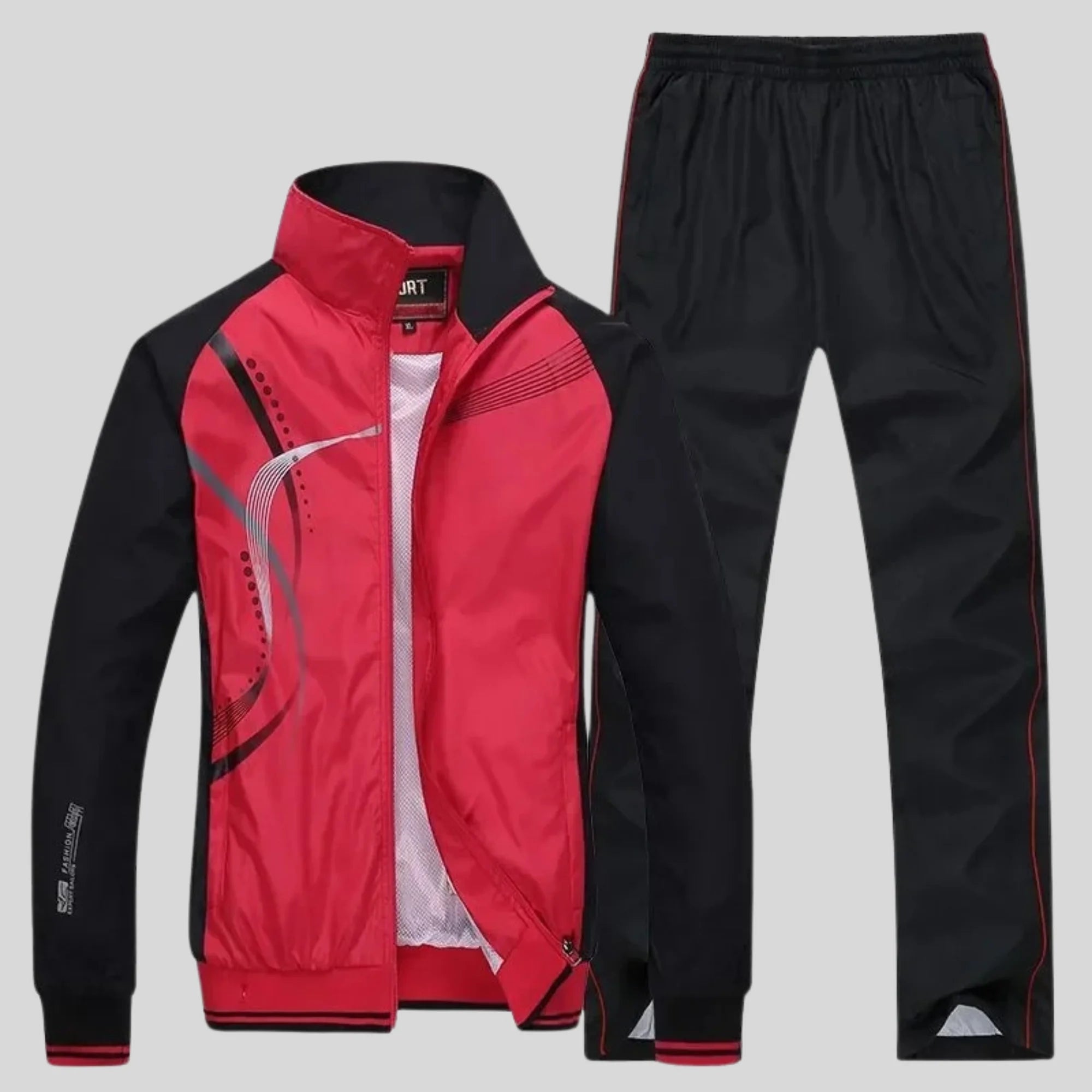 Red Athletic Men's Sweatsuit With Curved Design - Front Complete