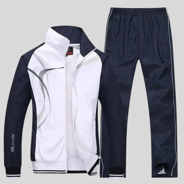 White Athletic Men's Sweatsuit With Curved Design - Front Full