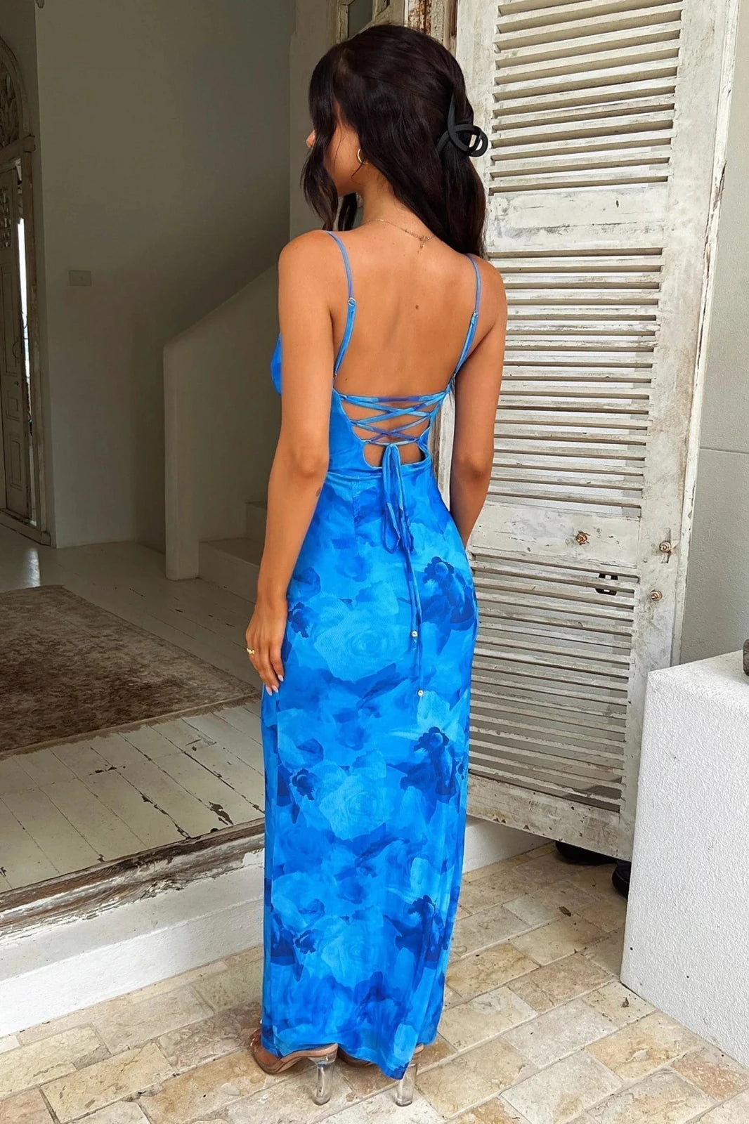 Margot | Elegant Floral Print Backless Maxi Dress - Blue - 6