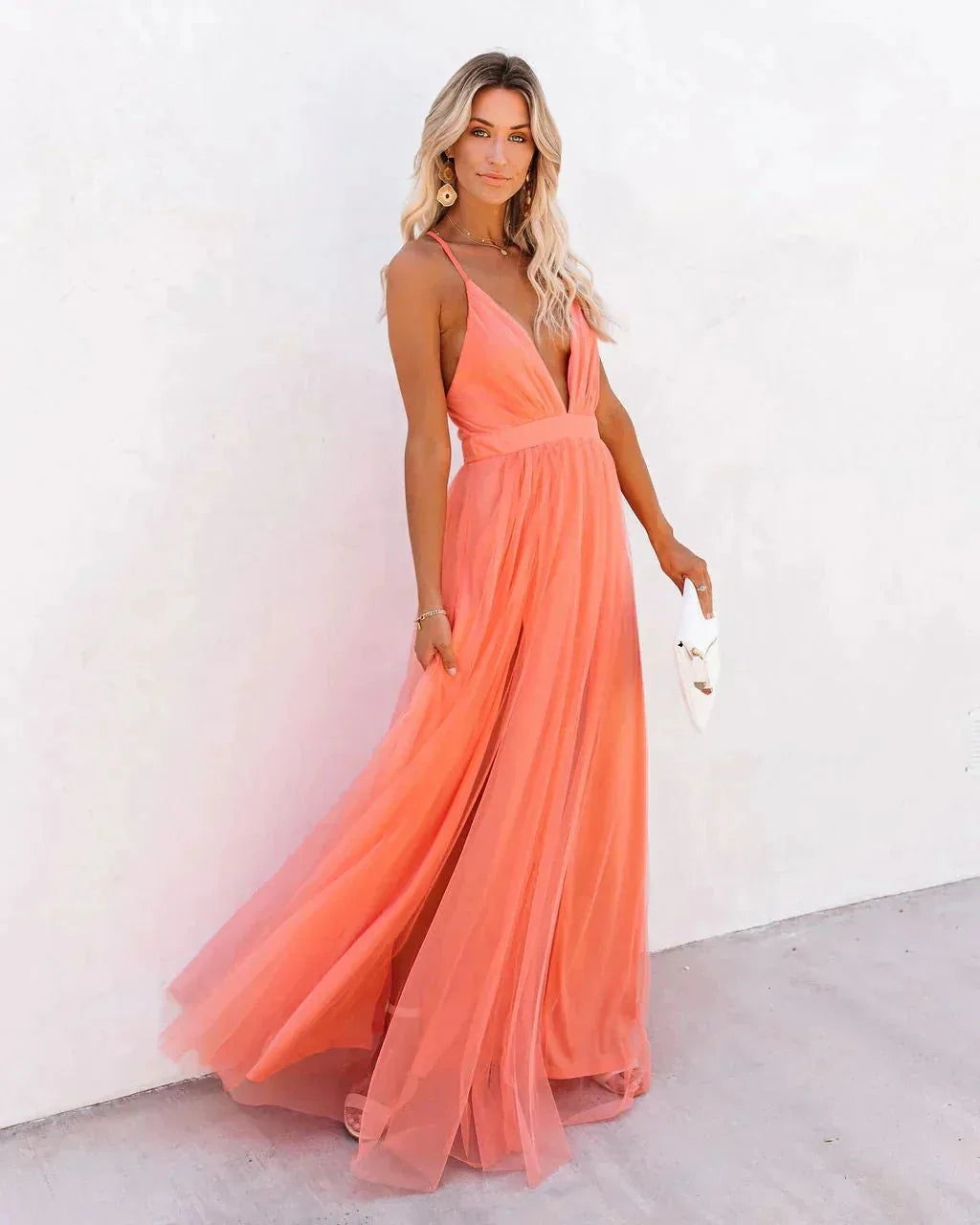 Coral Women's Backless V-Neck Sleeveless Maxi Dress — Selene Flowing Chiffon Cross-Back - Front Full