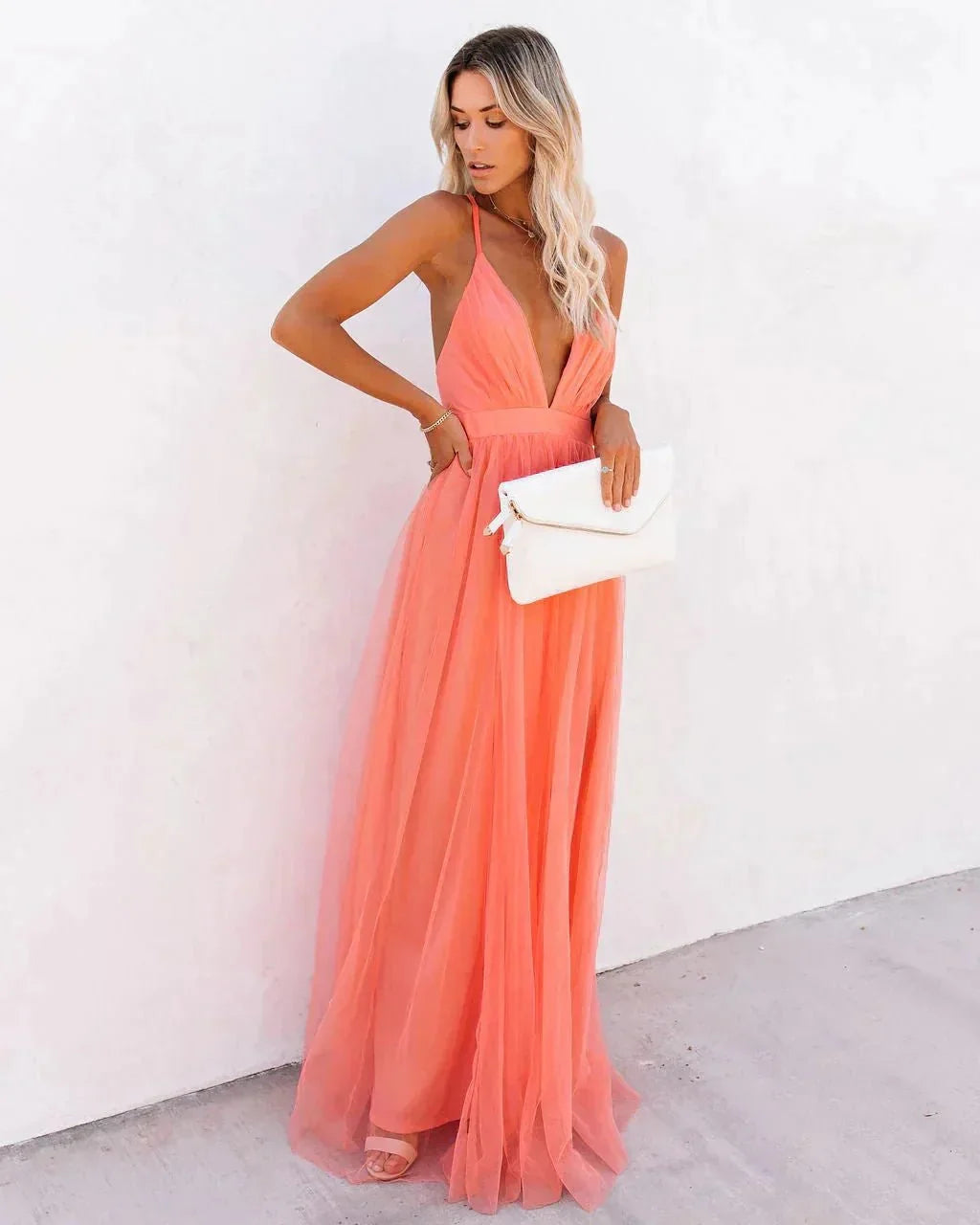 Coral Women's Backless V-Neck Sleeveless Maxi Dress — Selene Flowing Chiffon Cross-Back - Front Pose