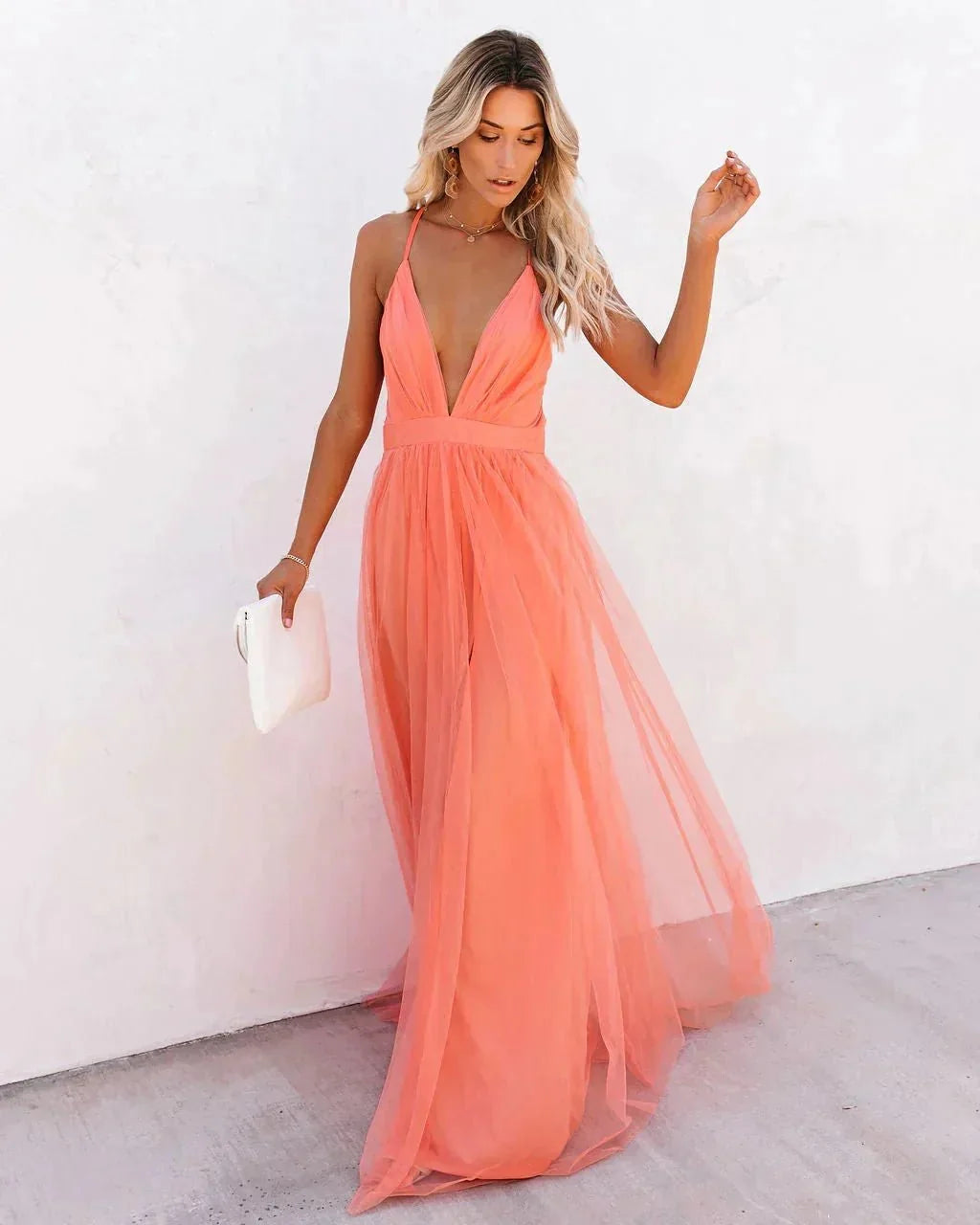 Coral Women's Backless V-Neck Sleeveless Maxi Dress — Selene Flowing Chiffon Cross-Back - Model Walking