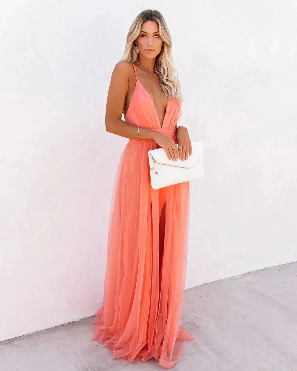 Coral Women's Backless V-Neck Sleeveless Maxi Dress — Selene Flowing Chiffon Cross-Back - Studio Pose