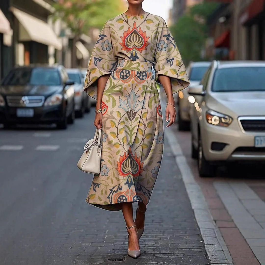 Beige Women's Batwing Sleeve Long Dress — Yvonne Wrap Style Bohemian - Front Walking