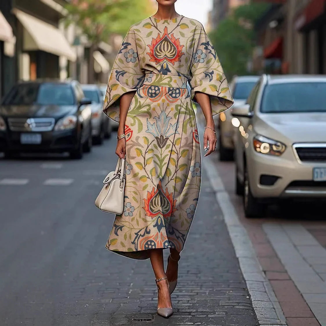 Beige Women's Batwing Sleeve Long Dress — Yvonne Wrap Style Bohemian - Front Walking
