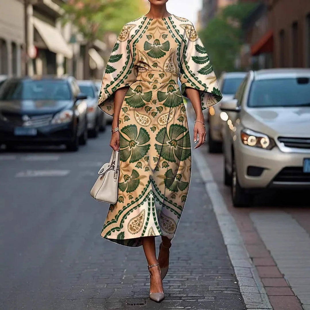 Beige Women's Batwing Sleeve Long Dress — Yvonne Wrap Style Bohemian - Green Front Pose
