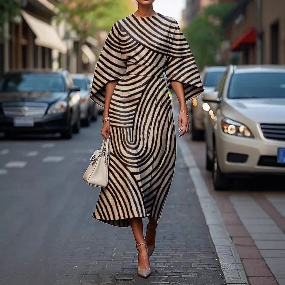 Black Women's Batwing Sleeve Long Dress — Yvonne Wrap Style Bohemian - Stripe Front Full