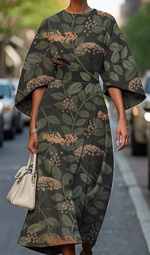 Dark Green Women's Batwing Sleeve Long Dress — Yvonne Wrap Style Bohemian - Front Botanical