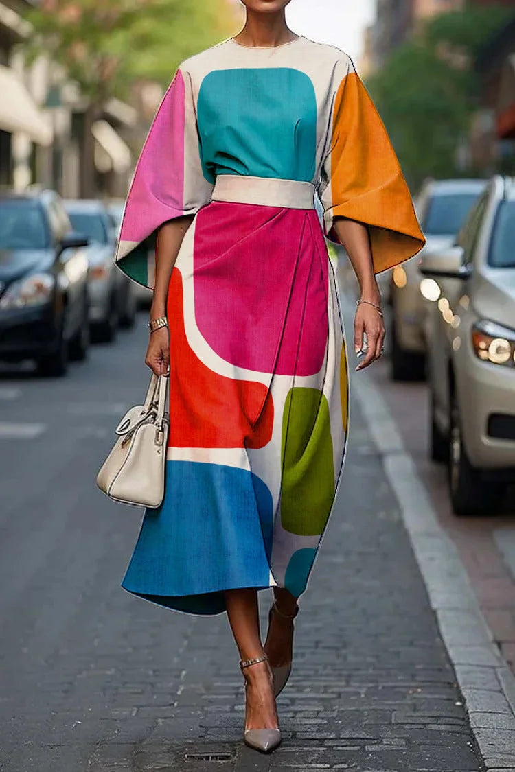 Multi Color Women's Batwing Sleeve Long Dress — Yvonne Wrap Style Bohemian - Front Colorblock