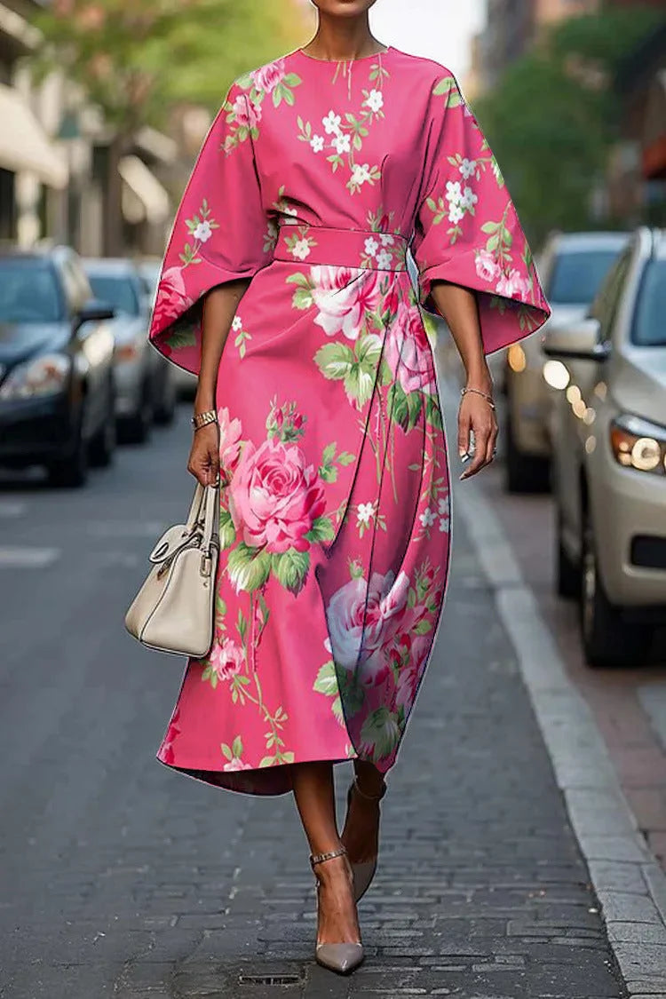 Pink Women's Batwing Sleeve Long Dress — Yvonne Wrap Style Bohemian - Front Roses